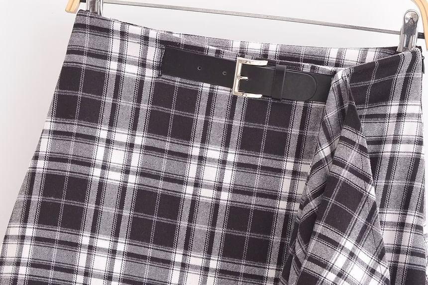 High Rise Plaid Midi A-Line Skirt Product Image