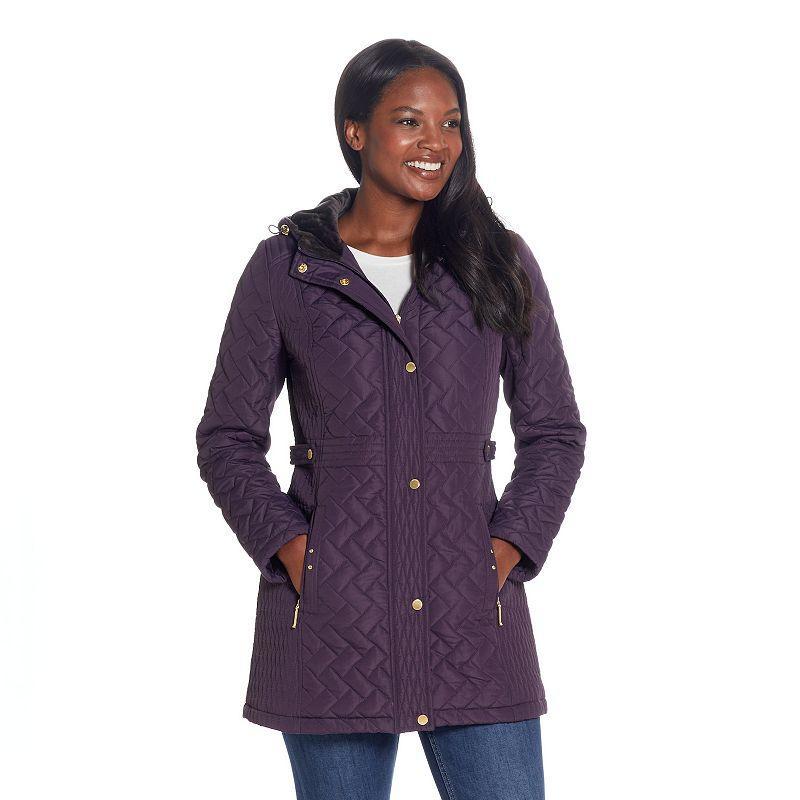 Womens Weathercast Hooded Quilted Walker Jacket with Plush Lined Hood Dark Purple Product Image