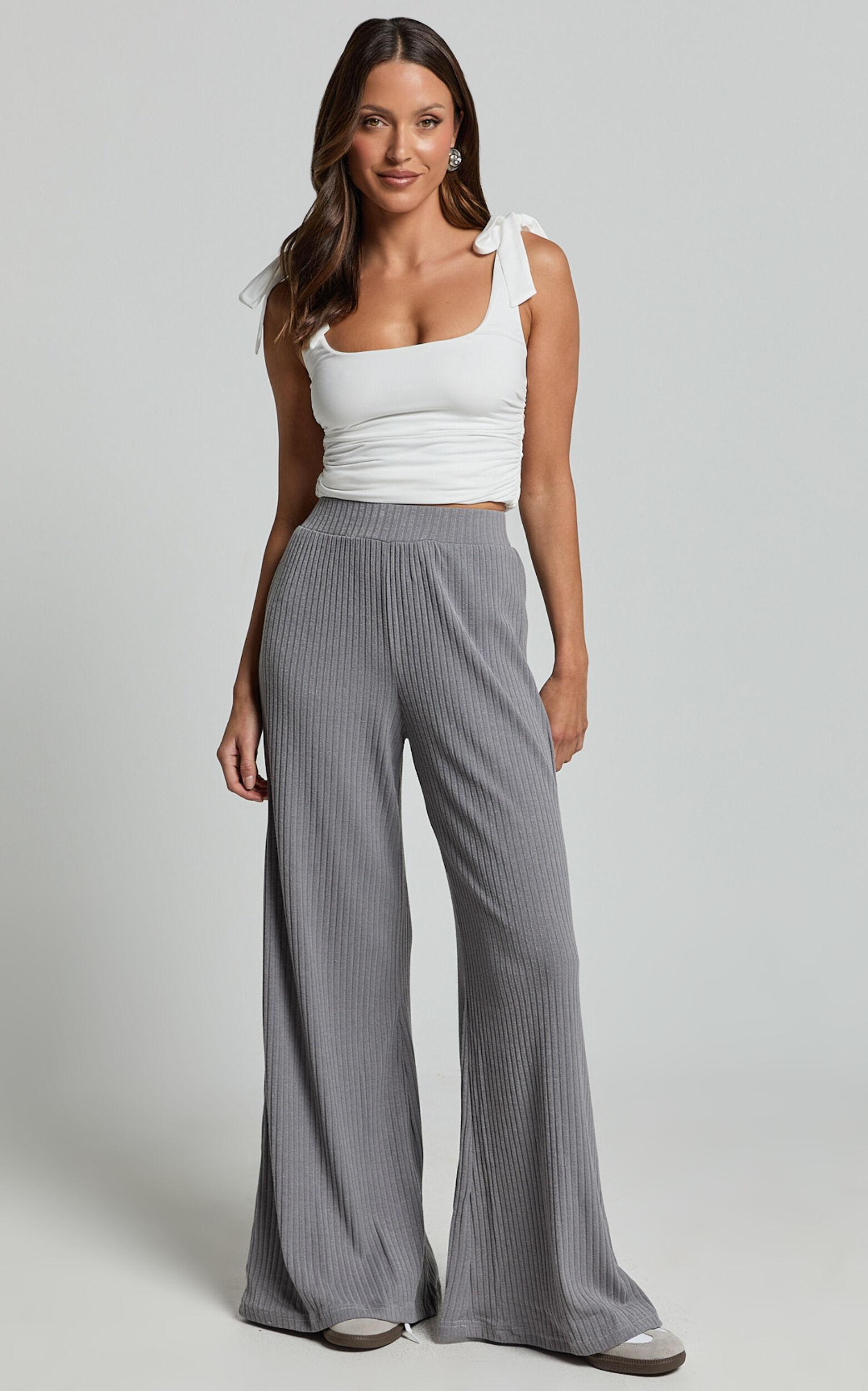 Adriana Pants - Ribbed High Waist Wide Leg Pants in Slate Grey Product Image