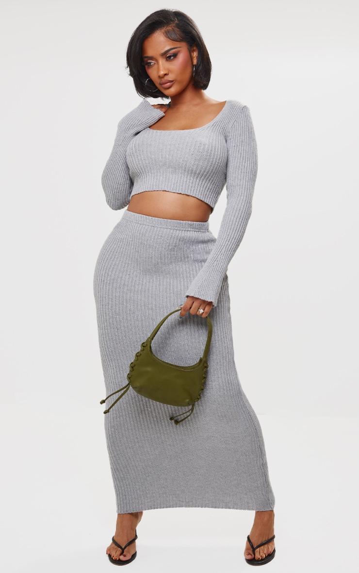 Shape Grey Knit Ribbed Long Sleeve Plunge Crop Top Product Image