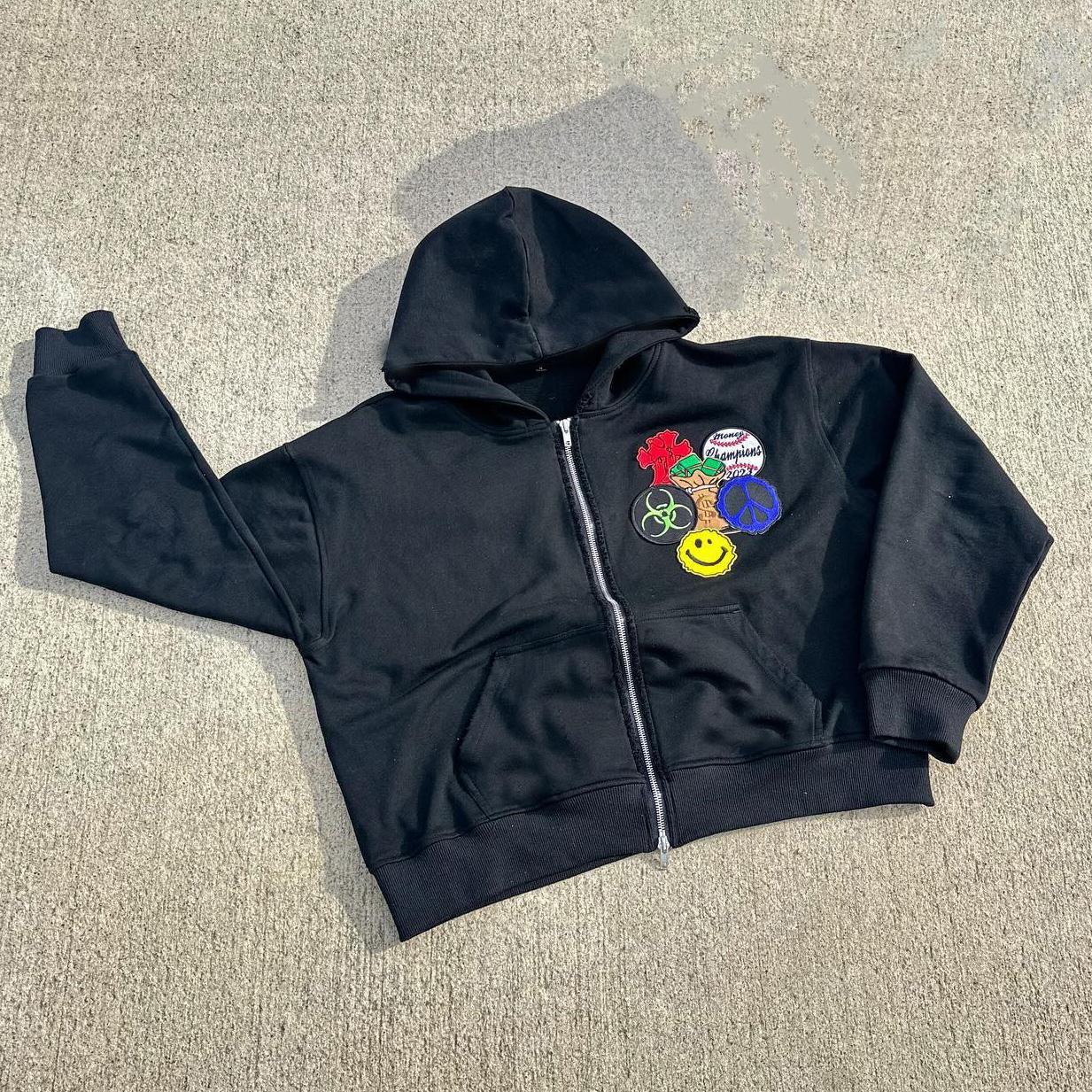 Multi-Element Graphic Loose Velvet Pocket Zip Hoodie Product Image