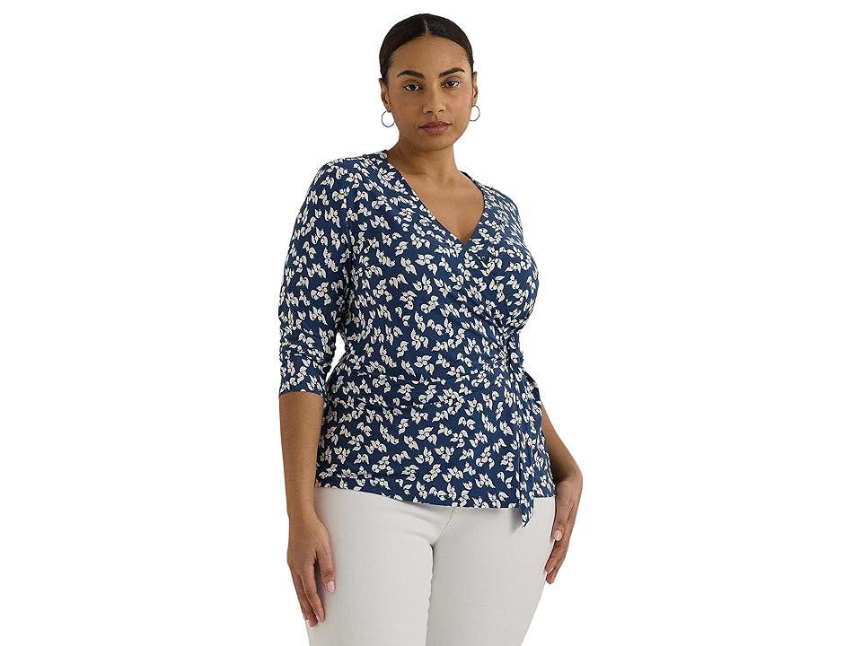 LAUREN Ralph Lauren Plus-Size Floral Stretch Jersey Top Cream) Women's Clothing Product Image