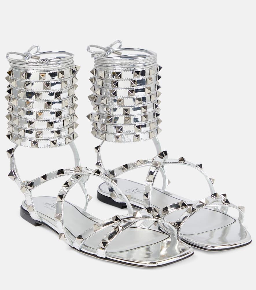 Rockstud Leather Gladiator Sandals In Silver Product Image