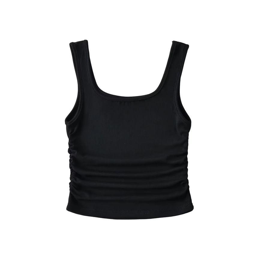 Ribbed Scoop Neck Plain Ruched Cropped Tank Top Product Image