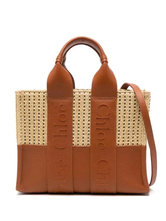 Woody Small Tote Bag In Leather And Raffia With Embroidered Logo In Beige Product Image