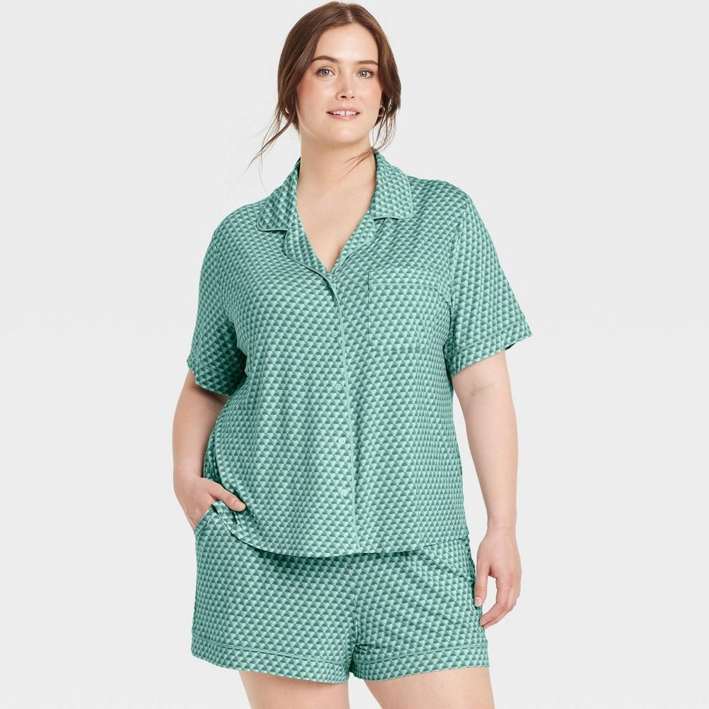 Womens Cloud Knit Short Sleeve Notch Collar Top and Shorts Pajama Set - Auden /Geometric 2X Product Image