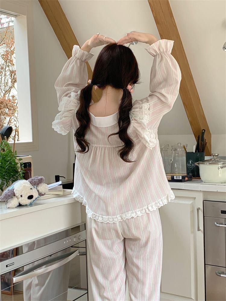 Pajama Set: Puff-Sleeve Striped Lace Trim Ruffle Bow Top + Pants Product Image