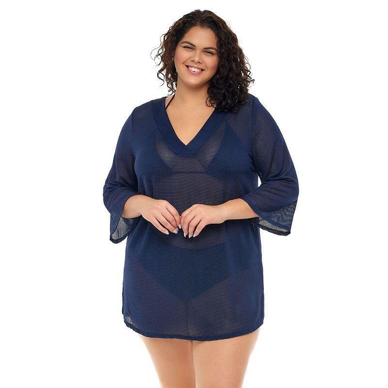 Plus Size Jordan Taylor Bell-Sleeve Sheer Swim Cover-Up Tunic, Womens Blue Product Image