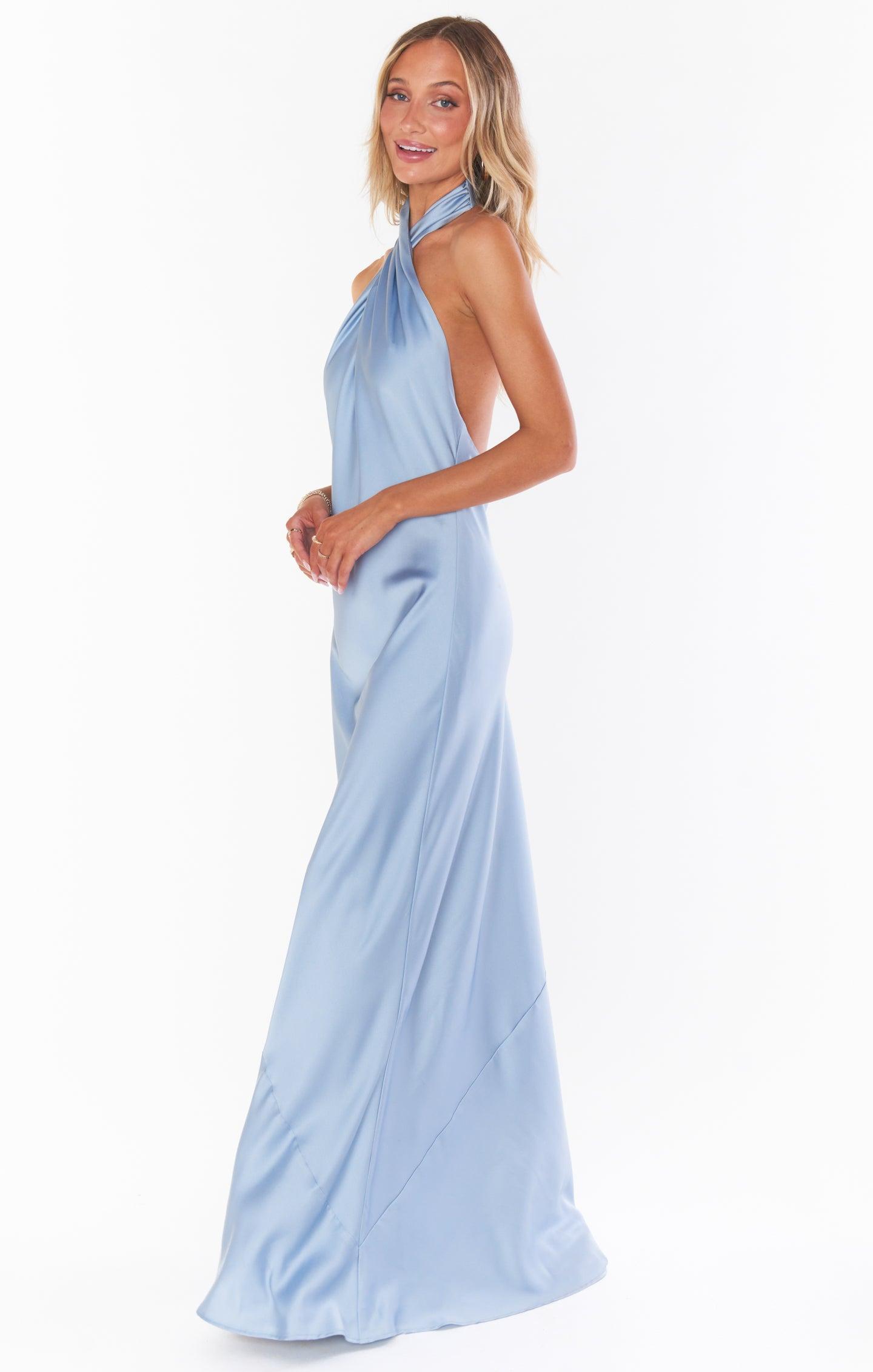 Jasmine Halter Maxi Dress ~ Steel Blue Luxe Satin Product Image