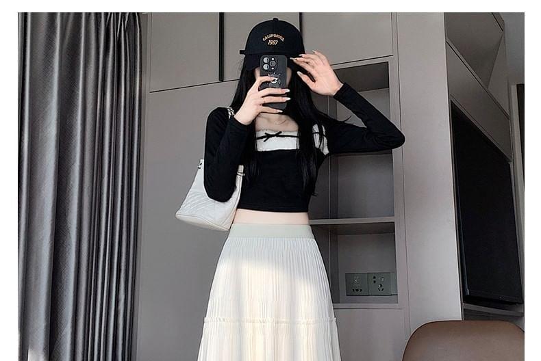 Elastic Waist Plain Tiered Midi A-Line Skirt Product Image