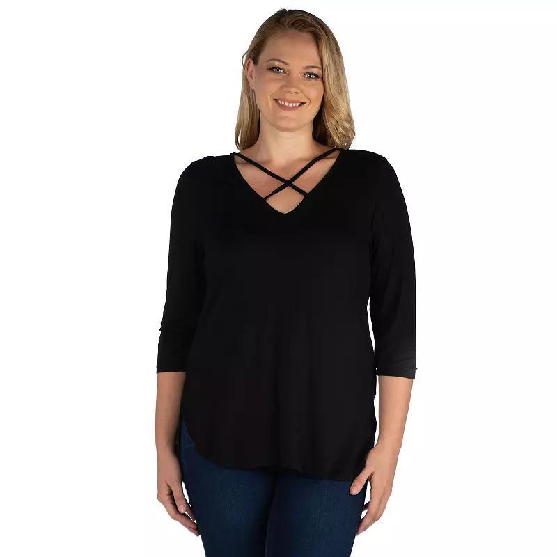 Plus Size 24Seven Comfort Apparel Criss Cross Round Hemline Tunic Top, Womens product image