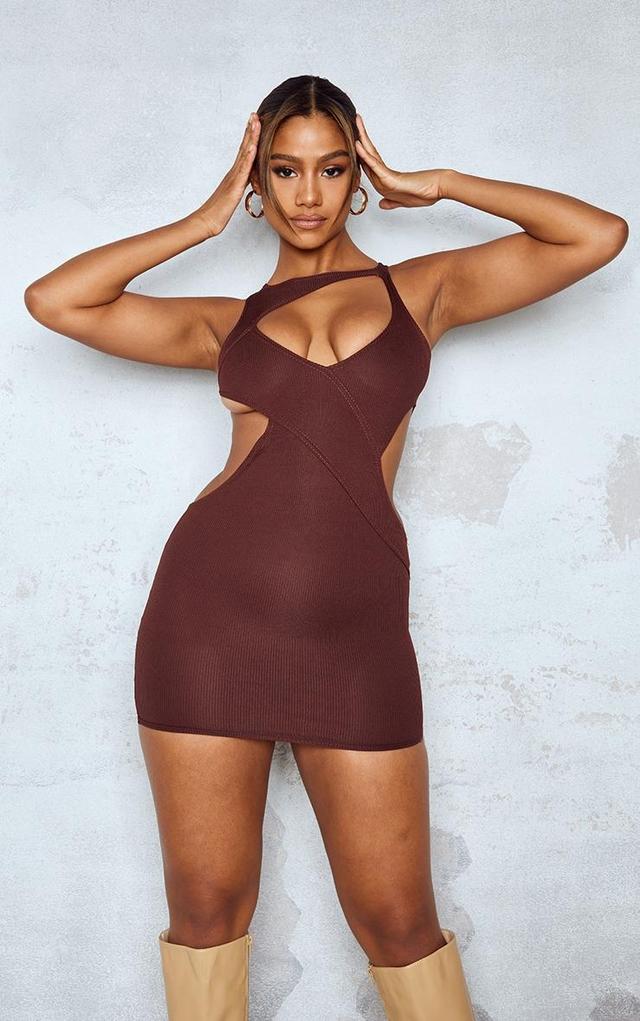 Chocolate Ribbed Multi Cut Out Detail Bodycon Dress Product Image