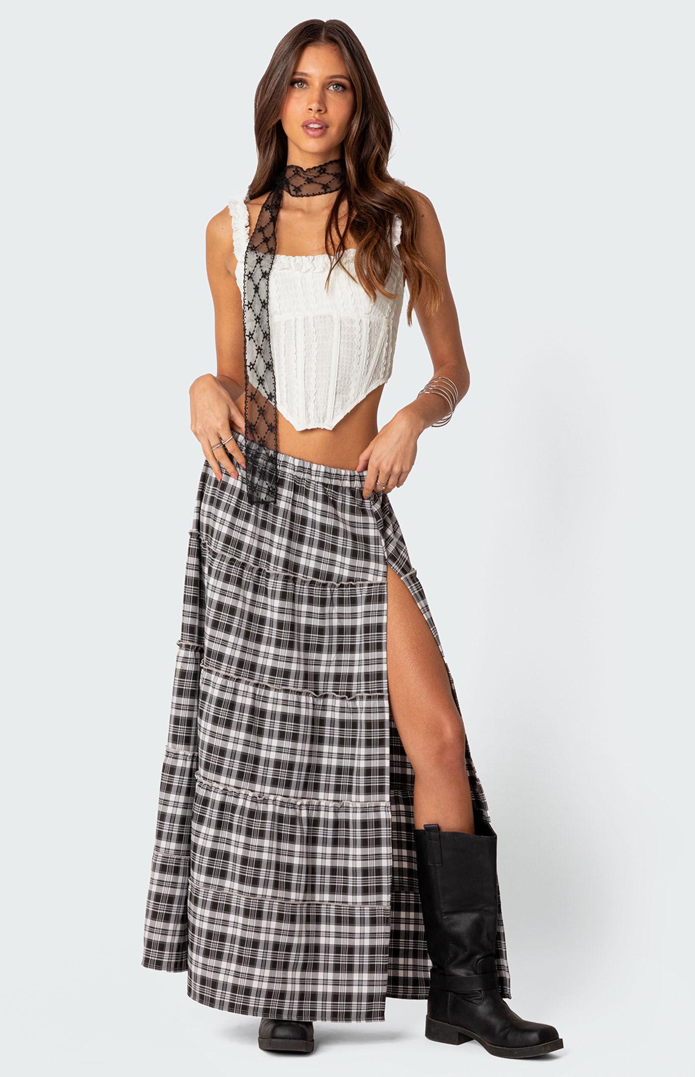 Edikted Women's Plaid Side Slit Tiered Maxi Skirt in Black/White - Product Image