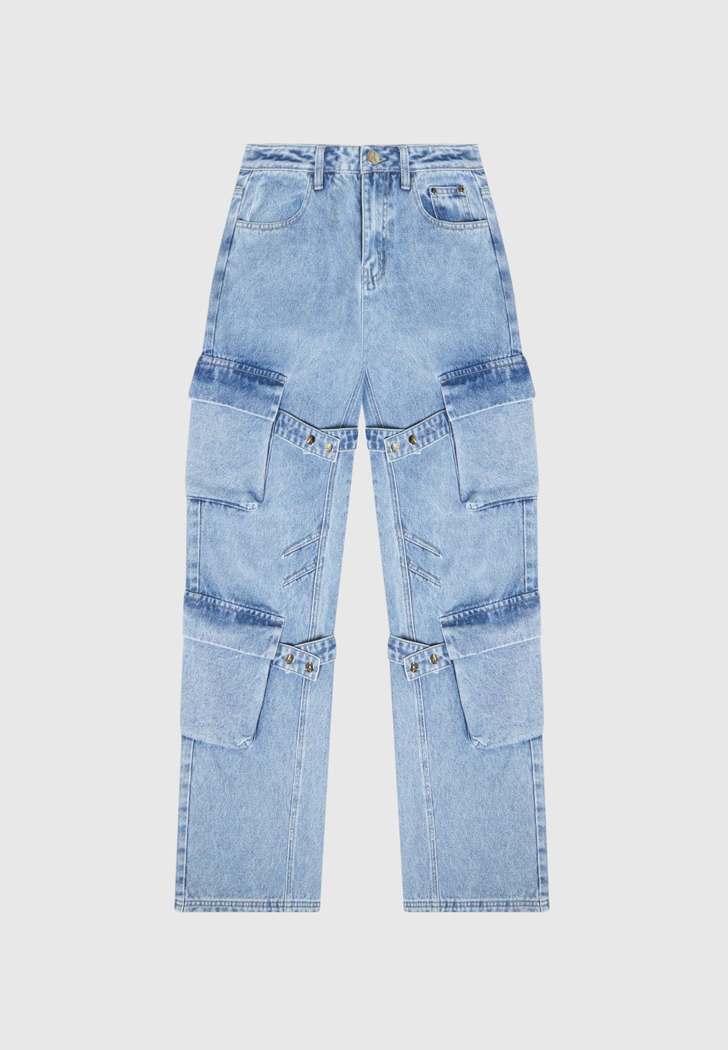 Strap Detail Cargo Jeans - Mid Blue Female Product Image