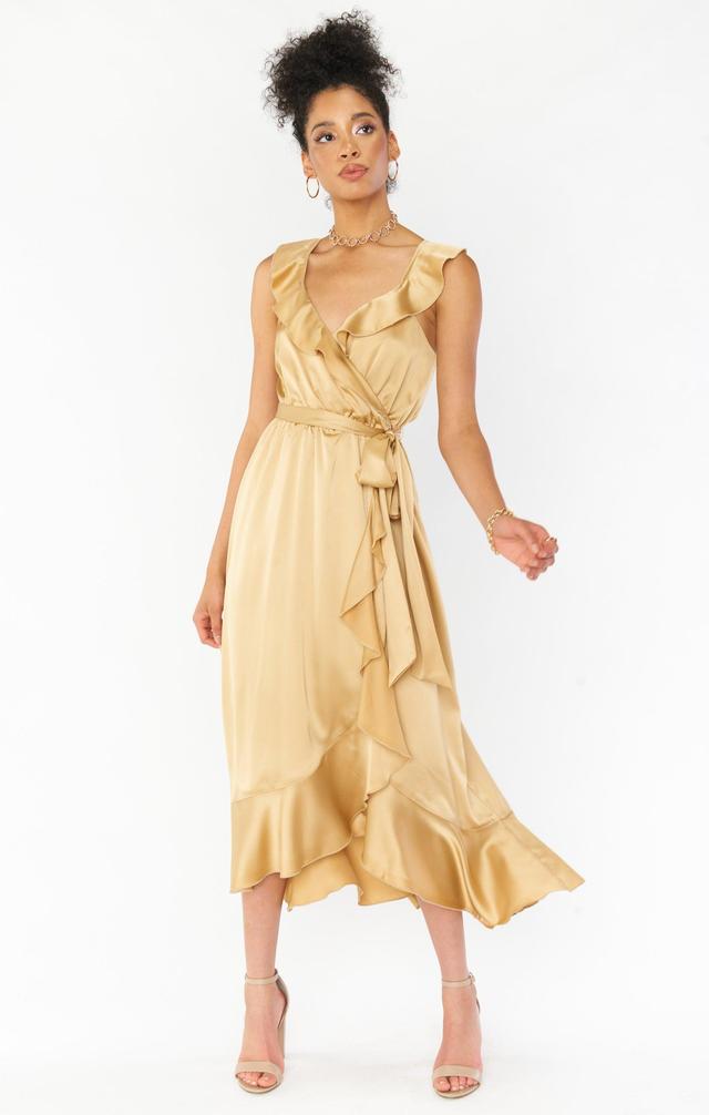 Samantha Ruffle Wrap Dress ~ True Gold Luxe Satin Product Image