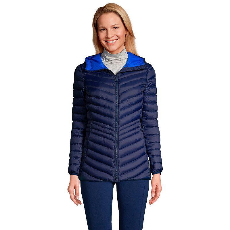 Womens Lands End Hooded Down Wanderweight Ultralight Packable Jacket Deep Blue Product Image