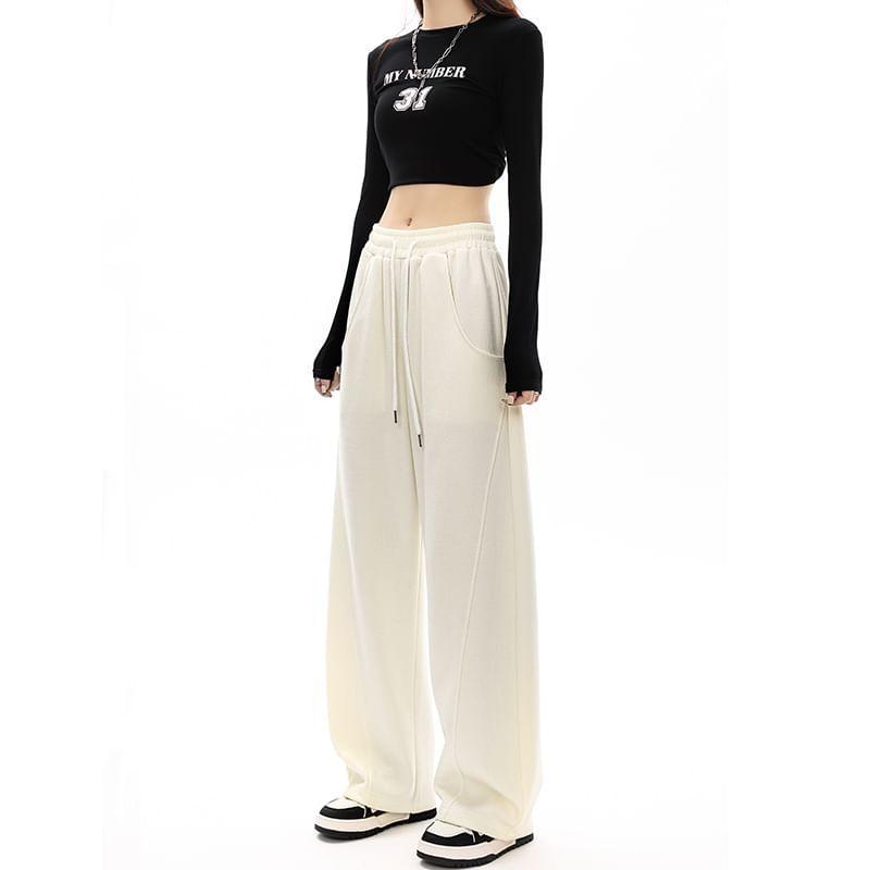 Mid-Waist Drawstring Pocketed Wide-Leg Plain Sweatpants Product Image