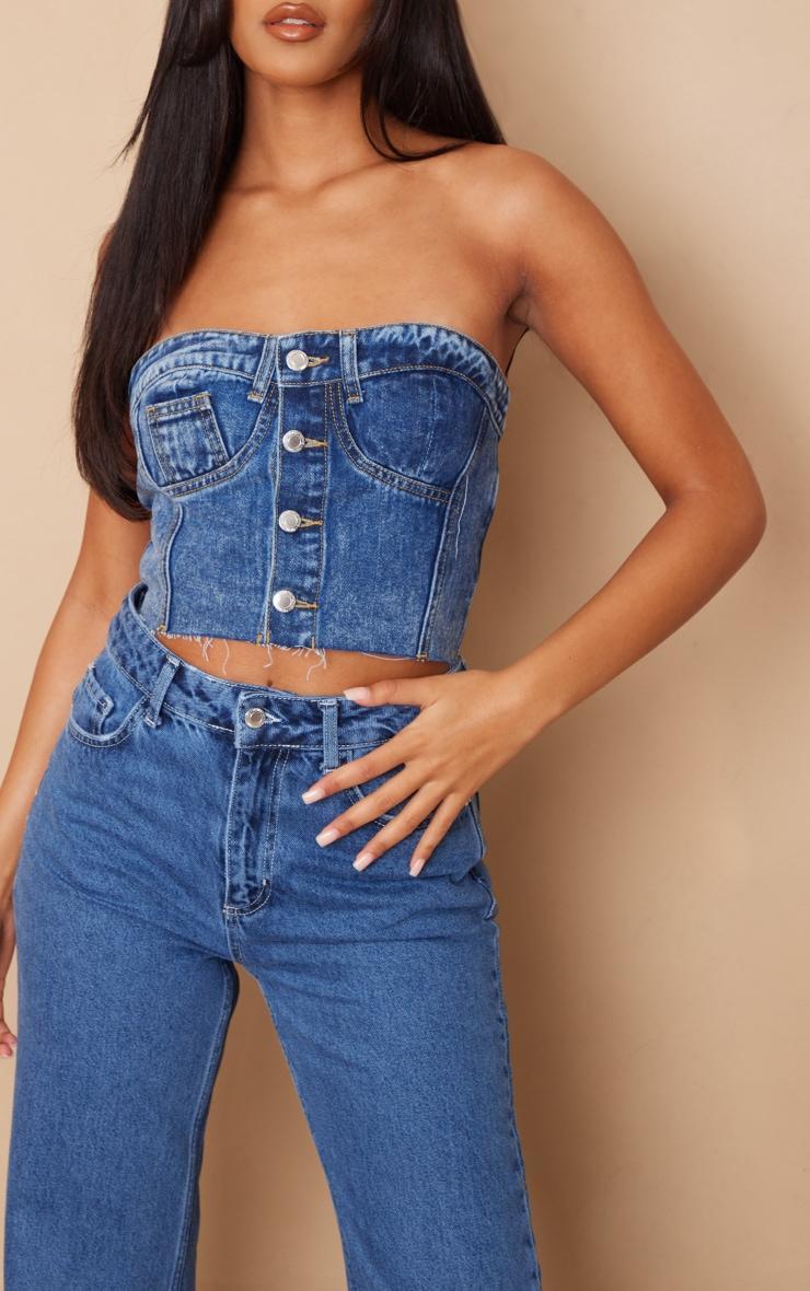 Tall Mid Blue Acid Wash Denim Button Up Corset Top Product Image