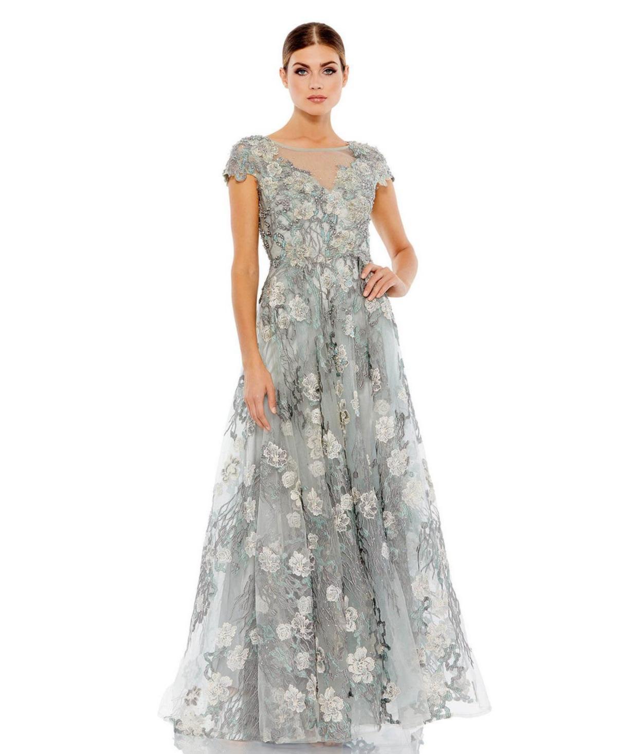 Womens Cap-Sleeve Floral A-Line Gown Product Image