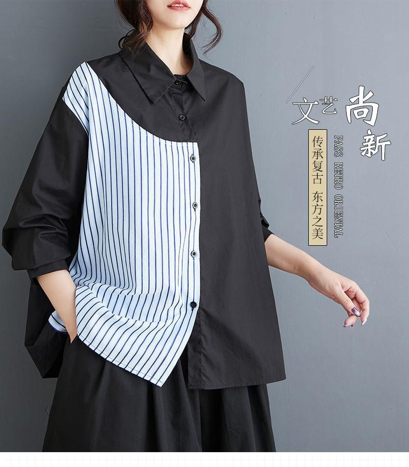 Long-Sleeve Striped Panel Blouse Product Image