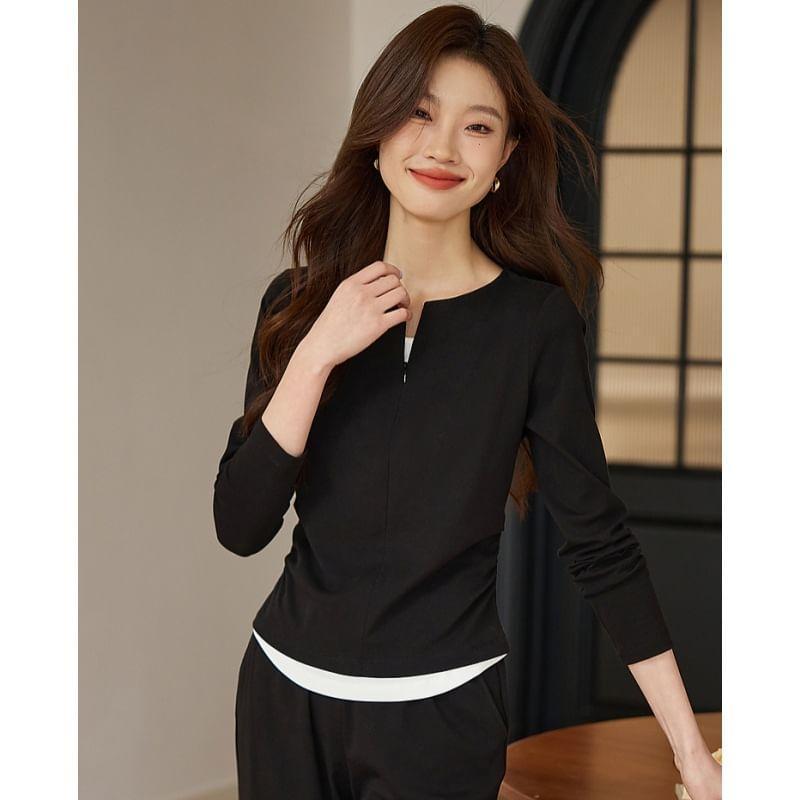 Set: Long-Sleeve Stand Collar Plain Zip Top + Mid Rise Plain Wide Leg Pants Product Image