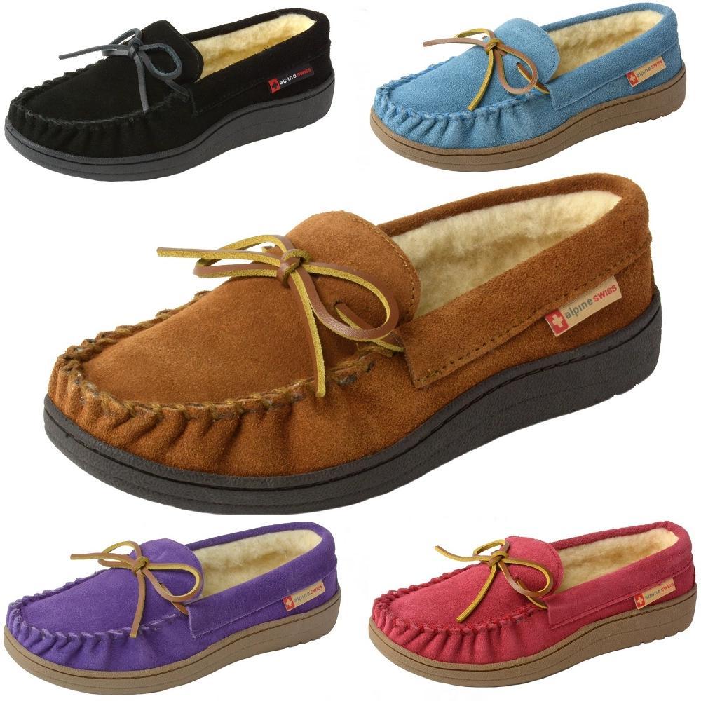 Alpine Swiss Sabine Womens Genuine Suede Shearling Slip On Moccasin Slippers Product Image