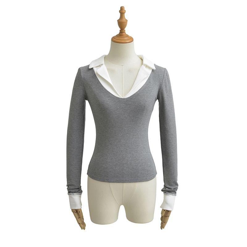 Long Sleeve V-Neck Contrast Trim Crop Polo Shirt Product Image