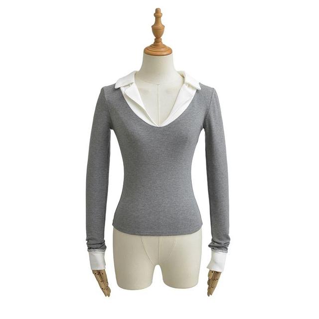 Long Sleeve V-Neck Contrast Trim Crop Polo Shirt Product Image