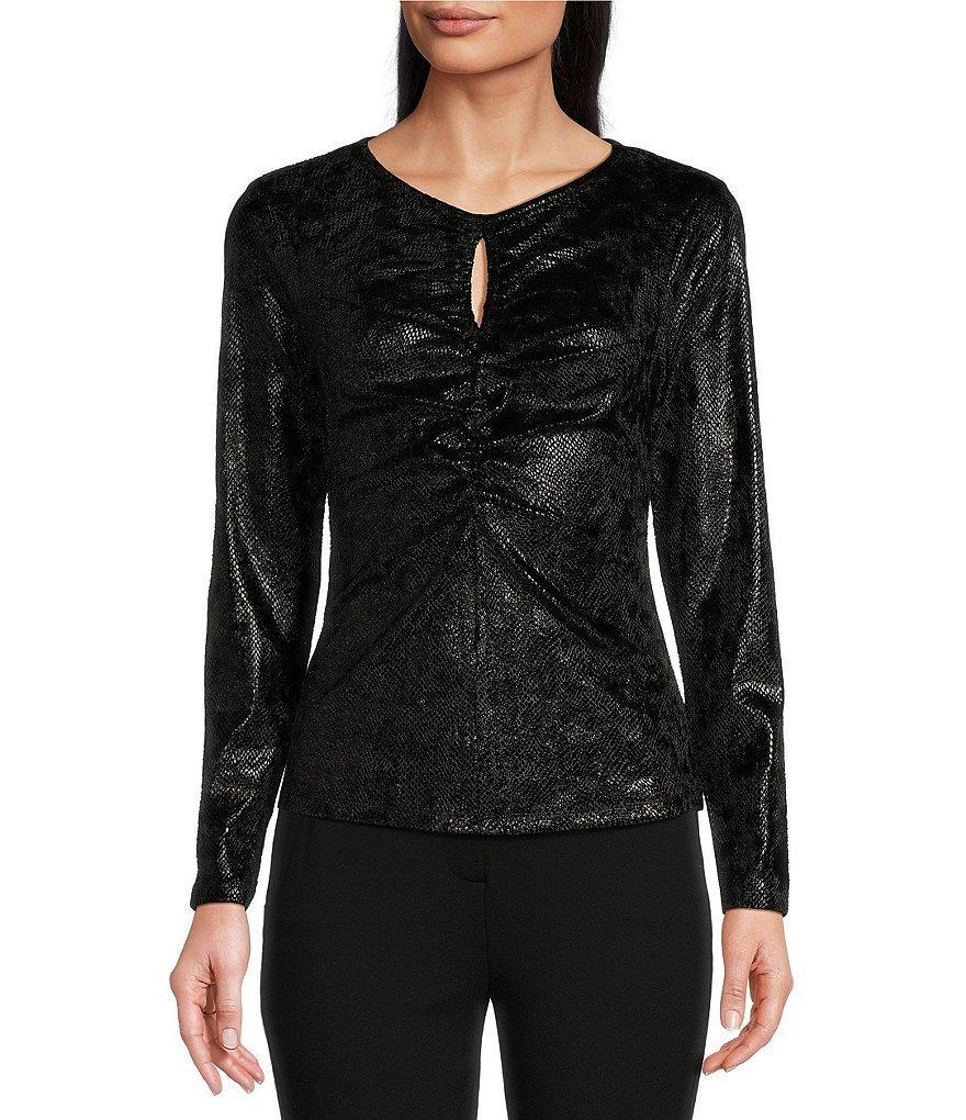 Michael Kors Foil-Printed Velvet Gold Chain Keyhole Crew Neck Long Sleeve Ruched Top Product Image