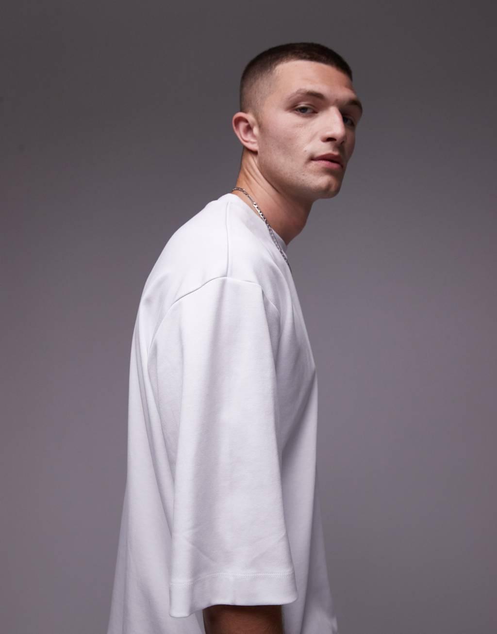 Topman premium heavyweight oversized fit mid sleeve T-shirt 370gsm in white Product Image