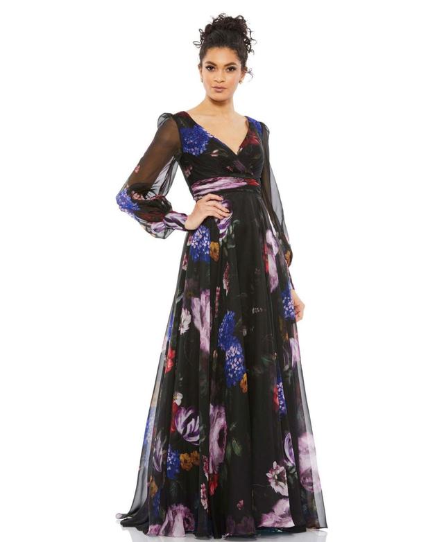 Mac Duggal Floral Long Sleeve Chiffon A-Line Gown Product Image