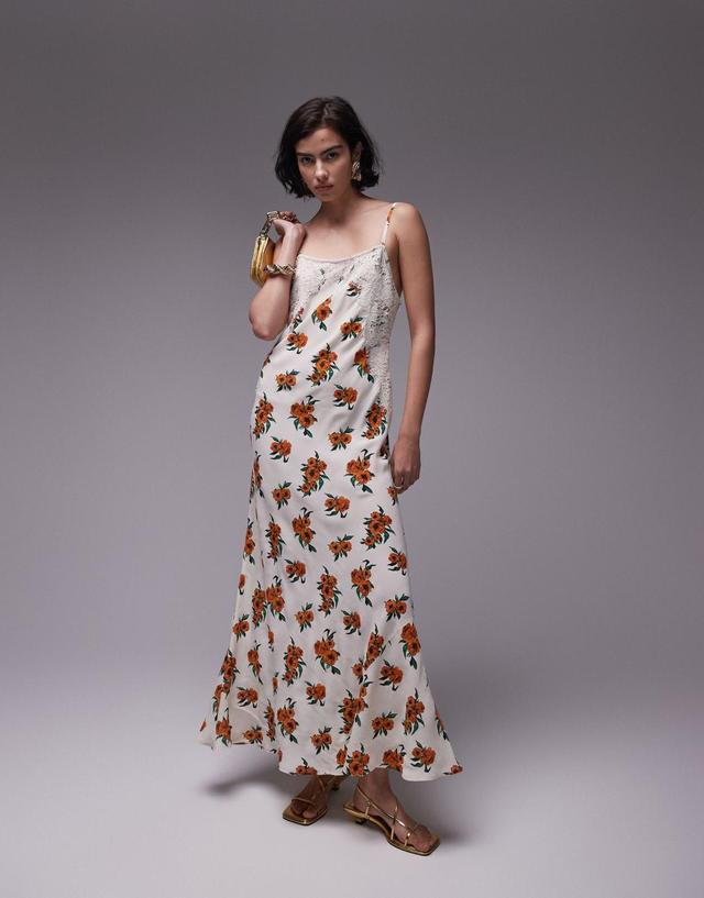 Topshop premium white and orange floral and lace maxi slip dress Product Image