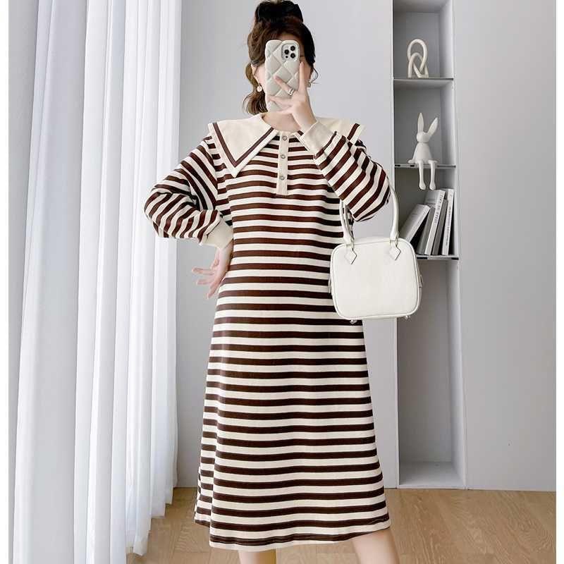 Maternity Long-Sleeve Collar Striped Midi Sweatshirt Dress Product Image