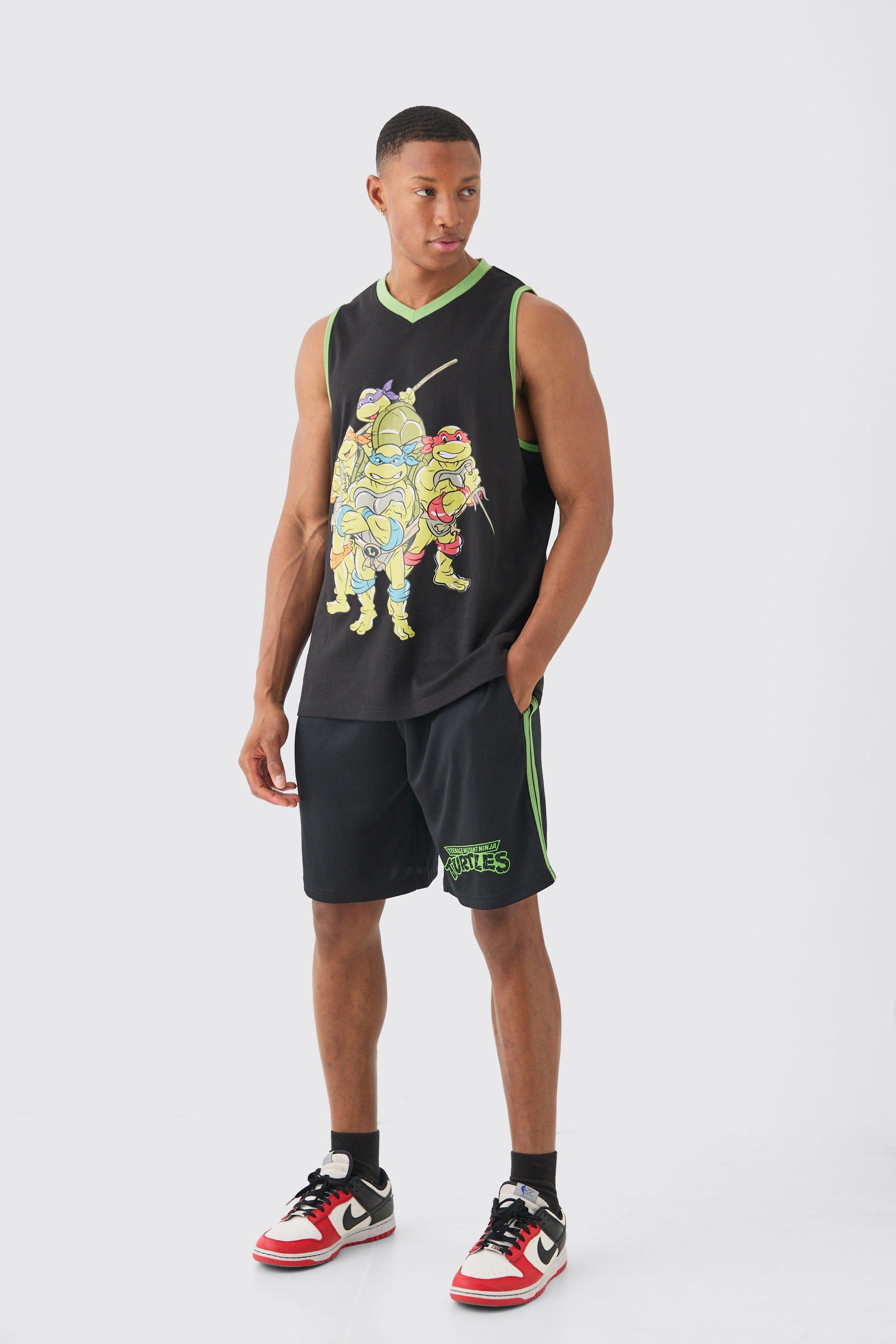 Oversized Ninja Turtles License Vest And Mesh Short Set | boohooMAN USA Product Image