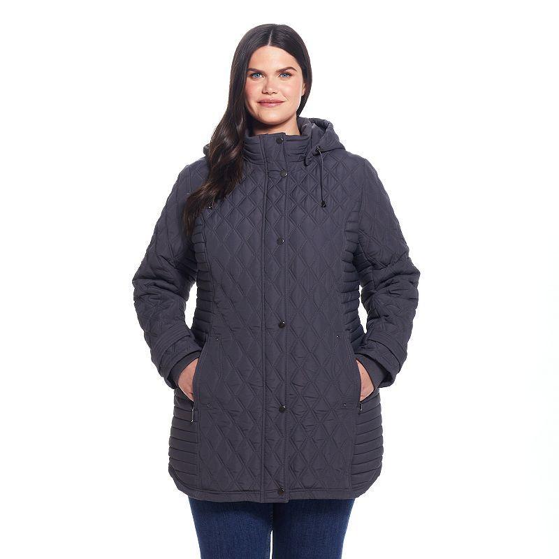 Womens Weathercast Ribbed Knit Quilted Hooded Walker Jacket Grey Product Image