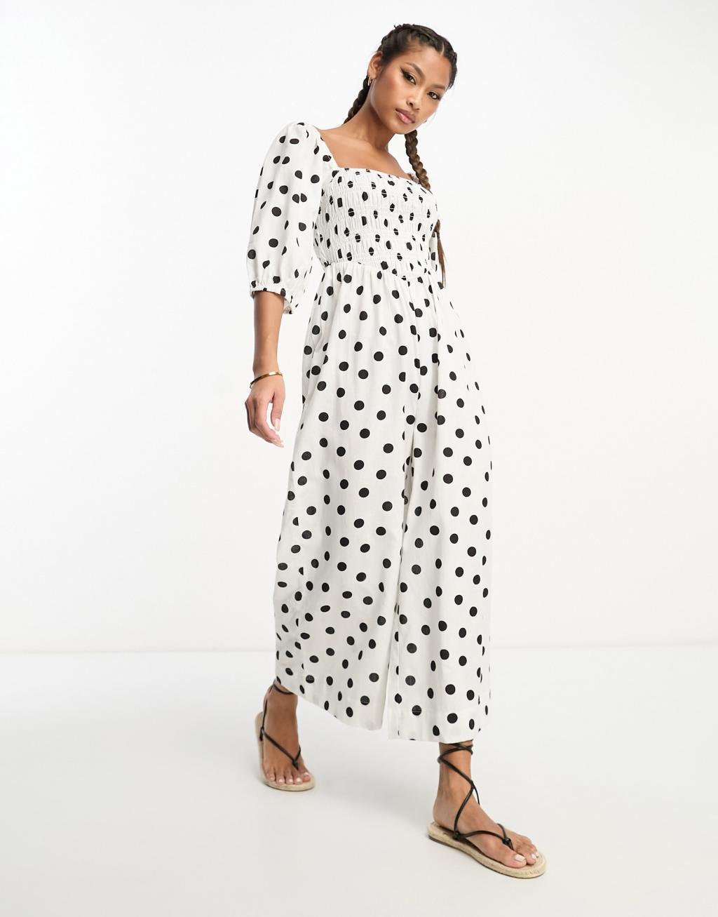 ASOS DESIGN linen look shirred puff sleeve jumpsuit Product Image