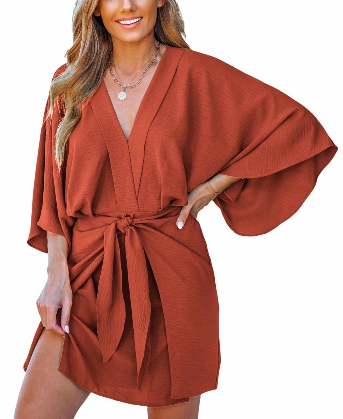 Cupshe Womens Light Brown V-Neck Kimono Sleeve Mini Beach Dress Product Image