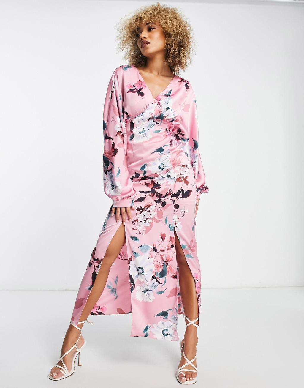 Liquorish satin maxi dress with kimono sleeve in dusky pink floral  Product Image