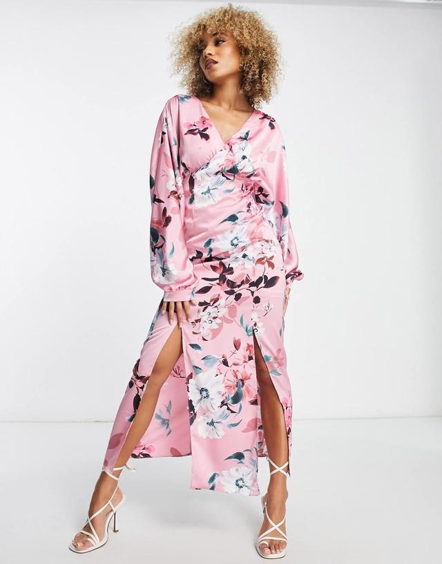 Liquorish satin maxi dress with kimono sleeve in dusky pink floral  Product Image