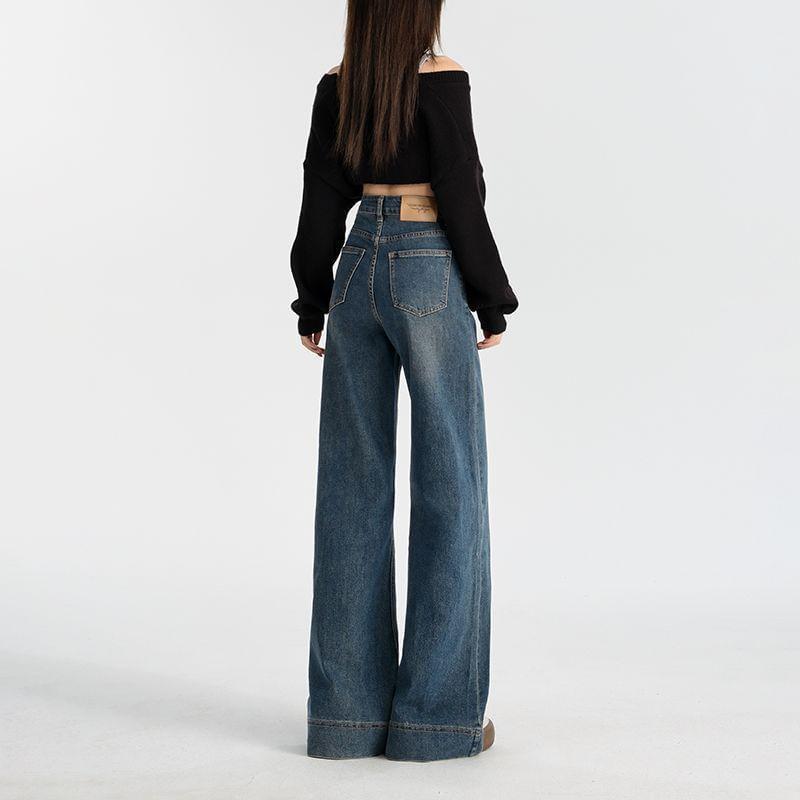 High Waist Fleece Lined Washed Wide Leg Jeans (Various Designs) Product Image