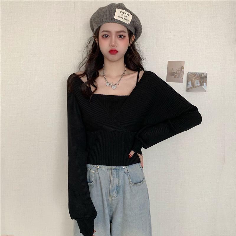 Long-Sleeve Mock Two-Piece Ribbed Knit Top Product Image