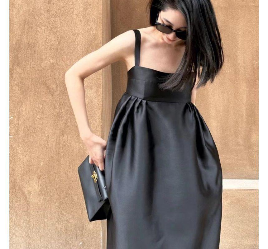 Spaghetti Strap Plain Open Back Slit Maxi A-Line Dress Product Image