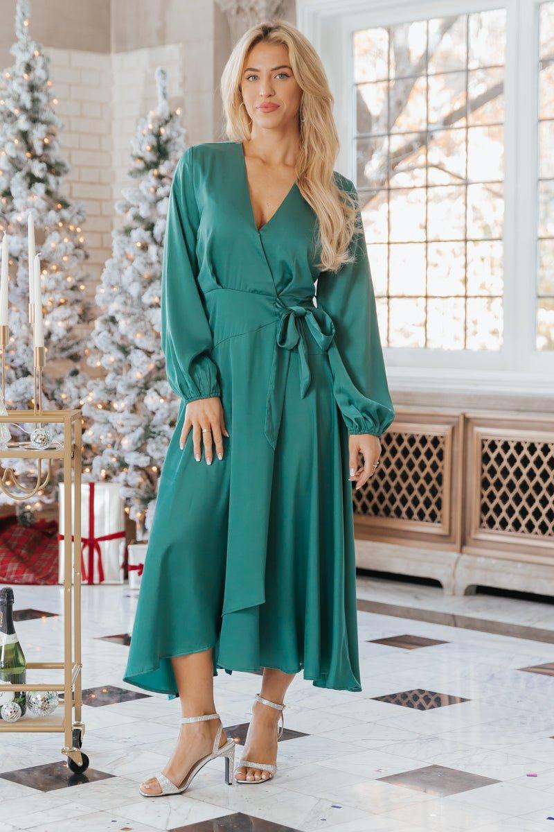 Green Satin Wrap Maxi Dress - FINAL SALE Product Image