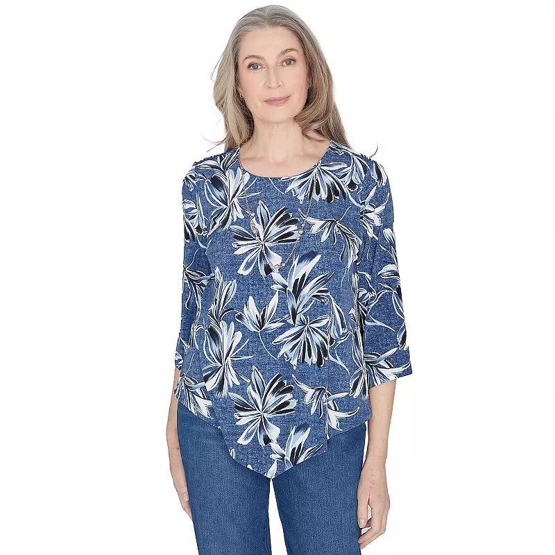 Petite Alfred Dunner Elegant Floral Print 3/4-Sleeve Top with Necklace, Womens Blue Product Image