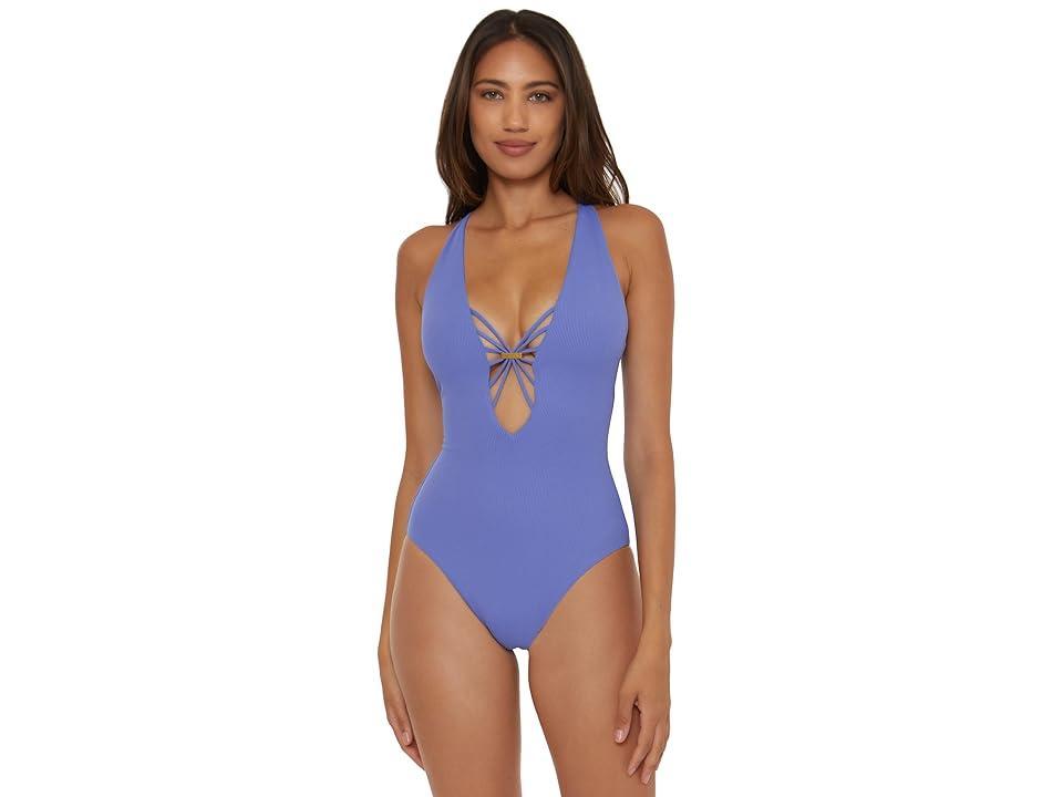 BECCA Modern Edge Rib Plunge One Piece (Cornflower) Women's Swimsuits One Piece Product Image