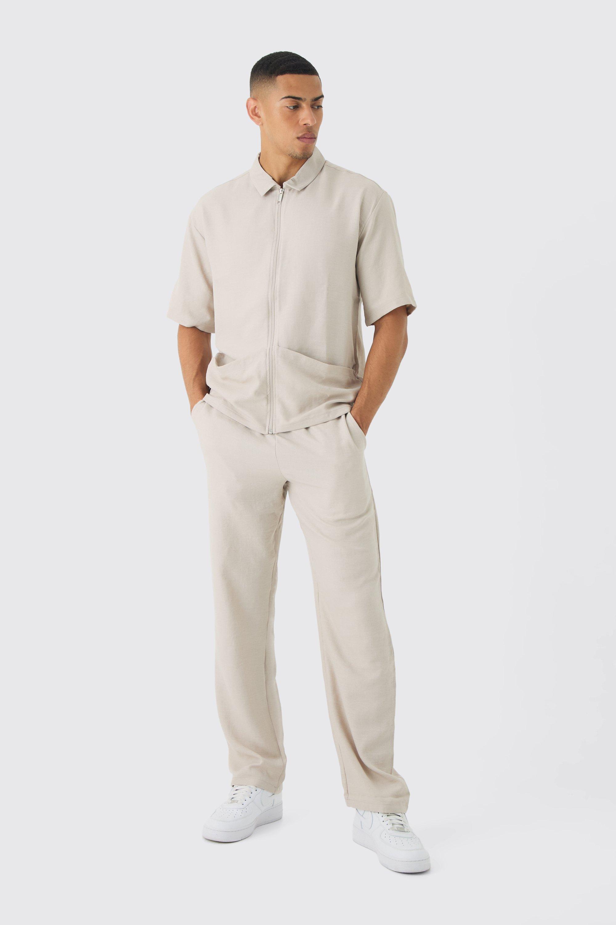 Mens Beige Oversized Linen Deep Pocket Shirt & Trouser Set, Beige product image