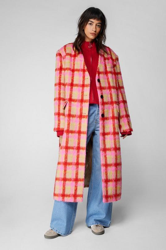 Premium Neon Plaid Tailored Duster Coat Product Image