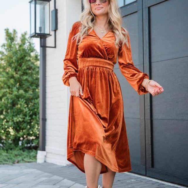 Love Made Me Rust Velvet Surplice Midi Dress Product Image