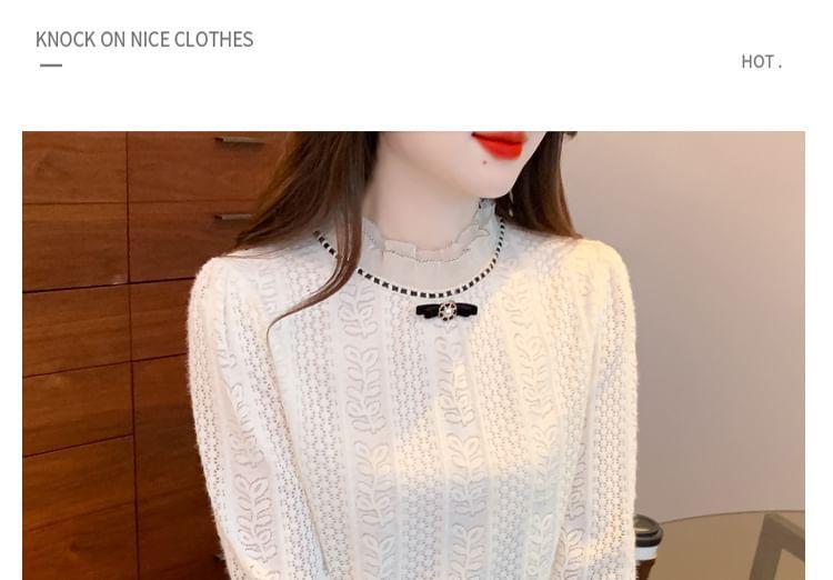 Puff-Sleeve Mock Neck Patterned Bow Blouse Product Image