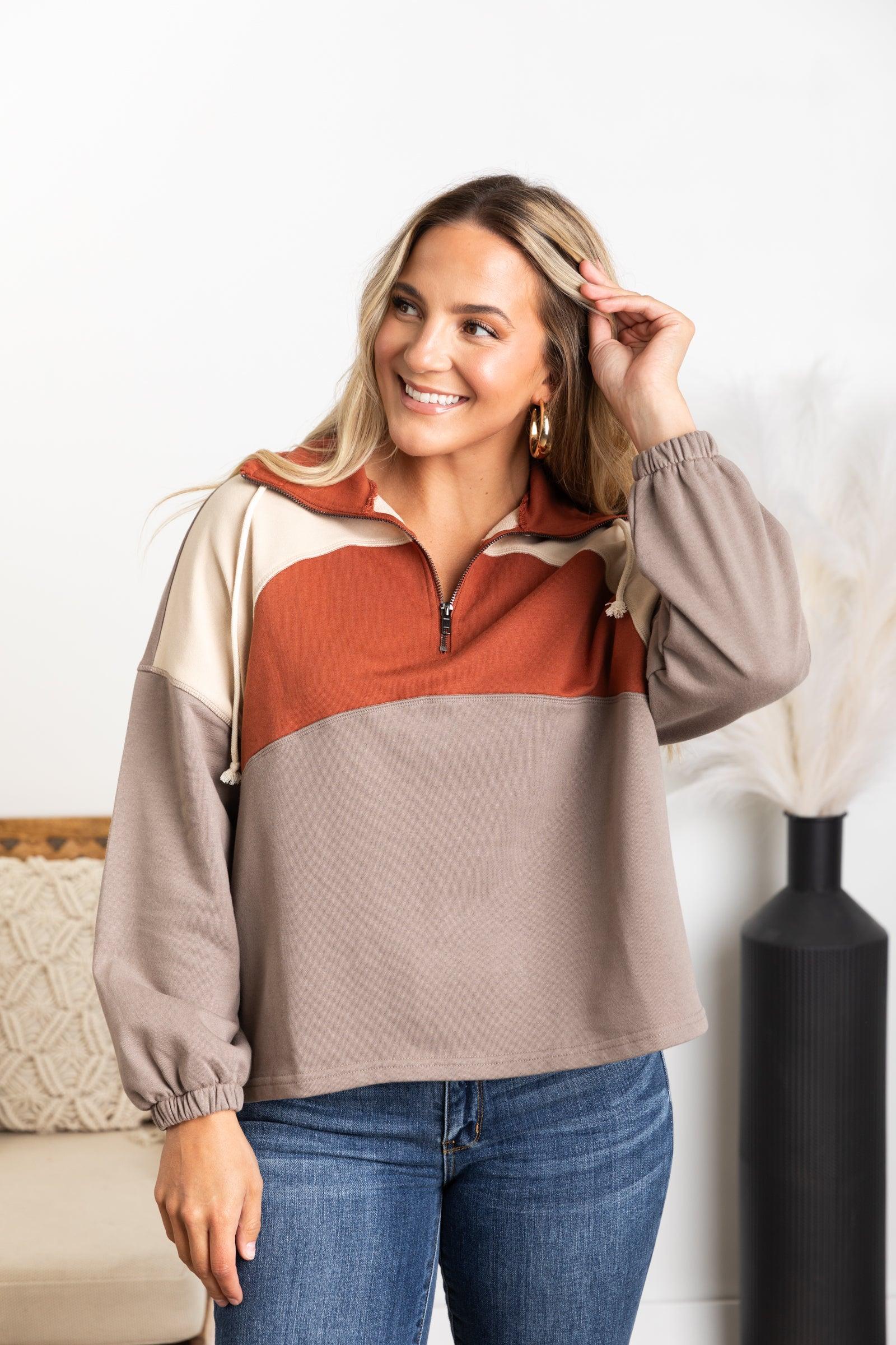 Mocha Half Zip-Up Colorblock Knit Top Product Image